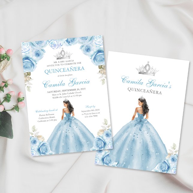 Invitation Bleu clair et argent Floral Princesse Quinceañera (Créateur téléchargé)