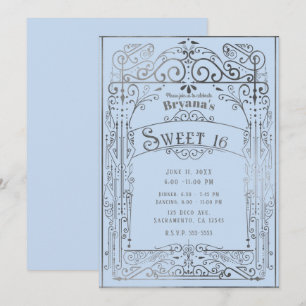 Invitation Bleu clair et argent Vintage Victorian Sweet 16