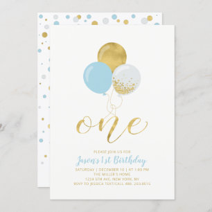 Invitation Bleu clair et Ballons d'or Un 1er anniversaire d
