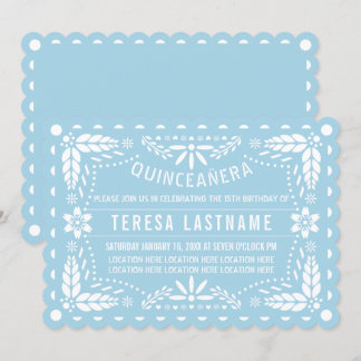 Invitation Bleu clair et blanc de papillon picado Quinceañera