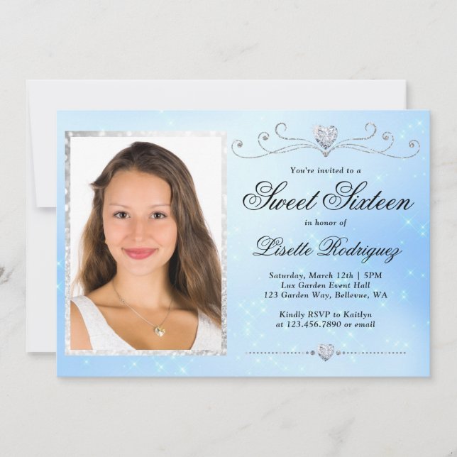 Invitation Bleu clair et doux en argent 16 Seize Anniversaire (Devant)