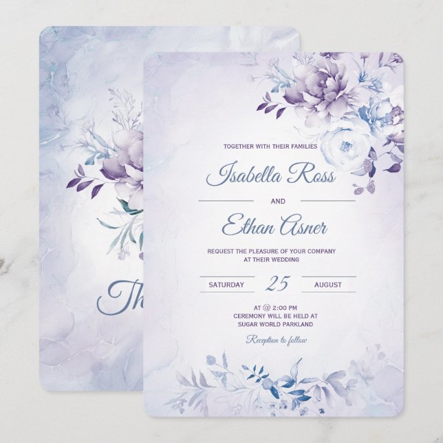 Invitation Bleu clair et Mariage lavande (Devant / Derrière)