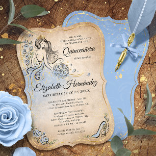 Invitation Bleu clair et or princesse Quinceanera Anniversair