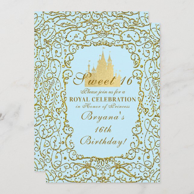 Invitation Bleu clair et or Royal Castle Princess Sweet 16 (Devant / Derrière)