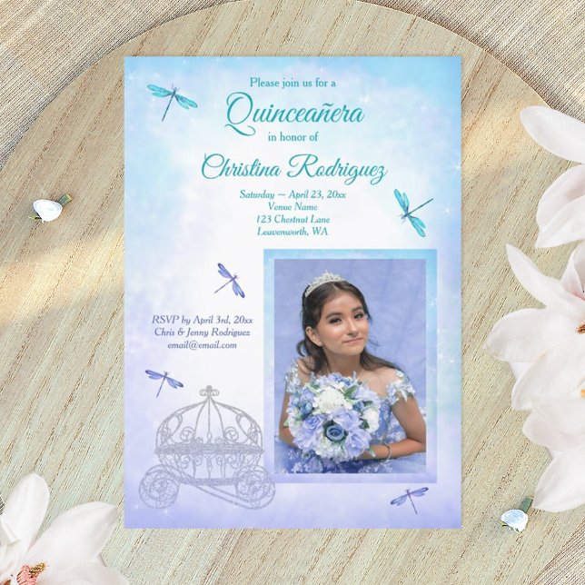 Invitation Bleu clair et turquoise, calèche pour Quinceañera (dusty blue turquoise quinceanera invitations)