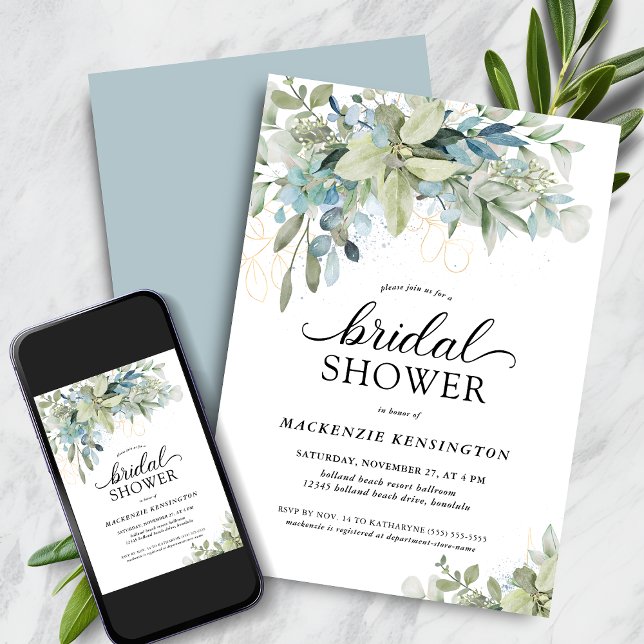 Invitation Bleu clair Eucalyptus Fête des mariées verte (Pale Dusty Blue Eucalyptus Greenery Bridal Shower Invitation with Digital Download)