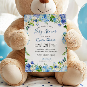 Invitation Bleu clair Hydrangea Aquarelle Baby shower Floral