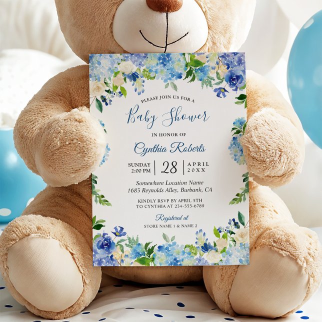 Invitation Bleu clair Hydrangea Aquarelle Baby shower Floral (Créateur téléchargé)