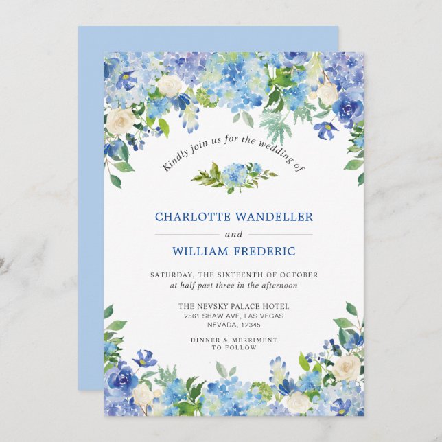 Invitation Bleu clair Hydrangeas Vert Mariage aquarelle (Devant / Derrière)