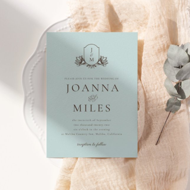 Invitation Bleu clair Mariage de la crête de monogramme (Créateur téléchargé)