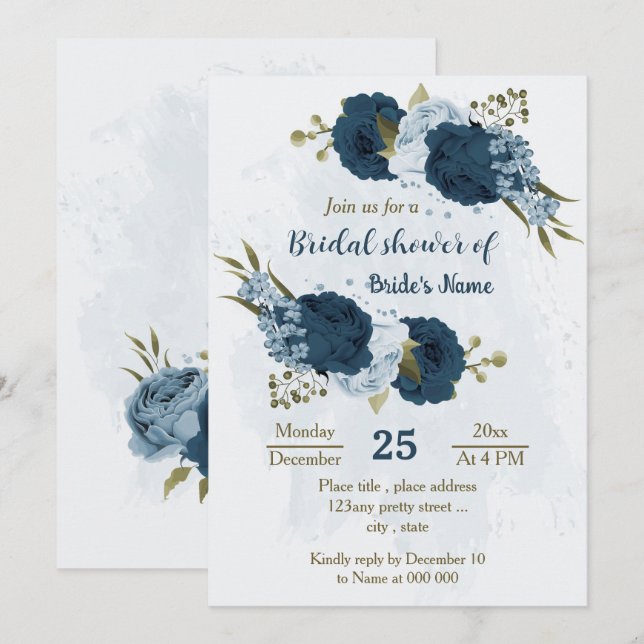 Invitation bleu clair marine fleurs botanique nuptiale (Devant / Derrière)