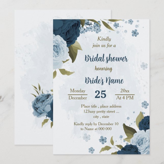 Invitation bleu clair marine fleurs botanique nuptiale (Devant / Derrière)