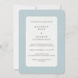 Invitation Bleu clair + Mer Blanche Vague Motif Plage Mariage