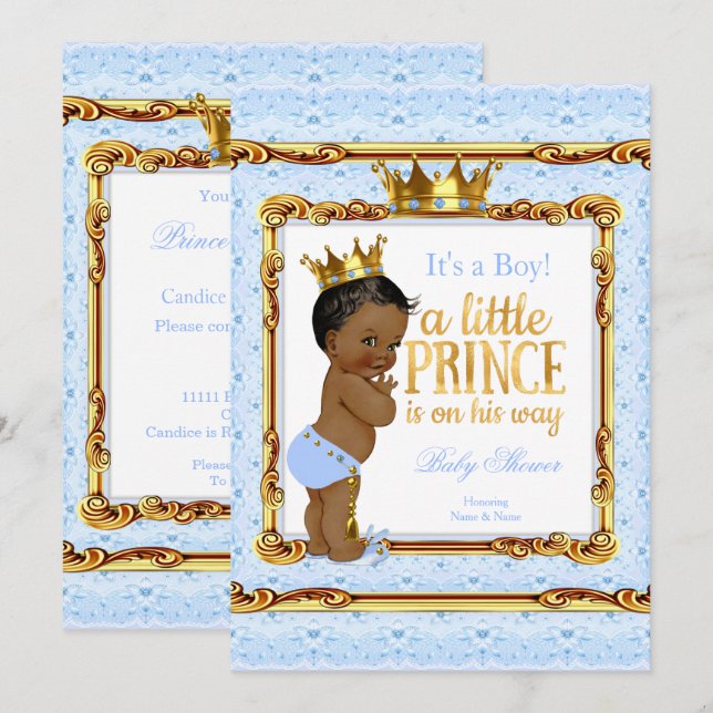 Invitation Bleu Clair Or Blanc Prince Fête de Naissance Ethni (Devant / Derrière)