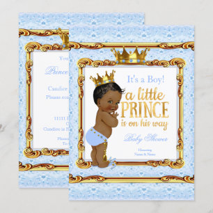 Invitation Bleu Clair Or Blanc Prince Fête de Naissance Ethni
