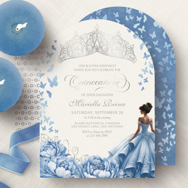 Invitation Bleu clair Papillons Tiara Fleurs Quinceanera (Créateur téléchargé)