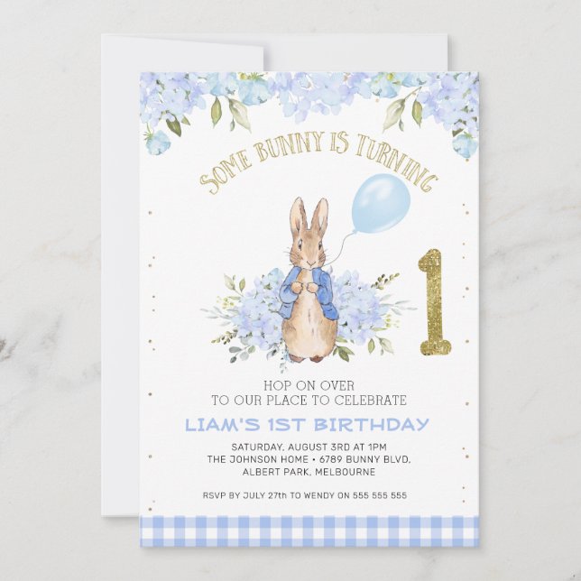 Invitation Bleu clair Pierre Rabbit 1er anniversaire (Devant)
