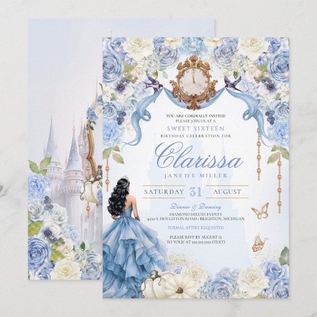 Invitation Bleu clair Princesse Douce 16 Cendrillon V2 (Devant / Derrière)