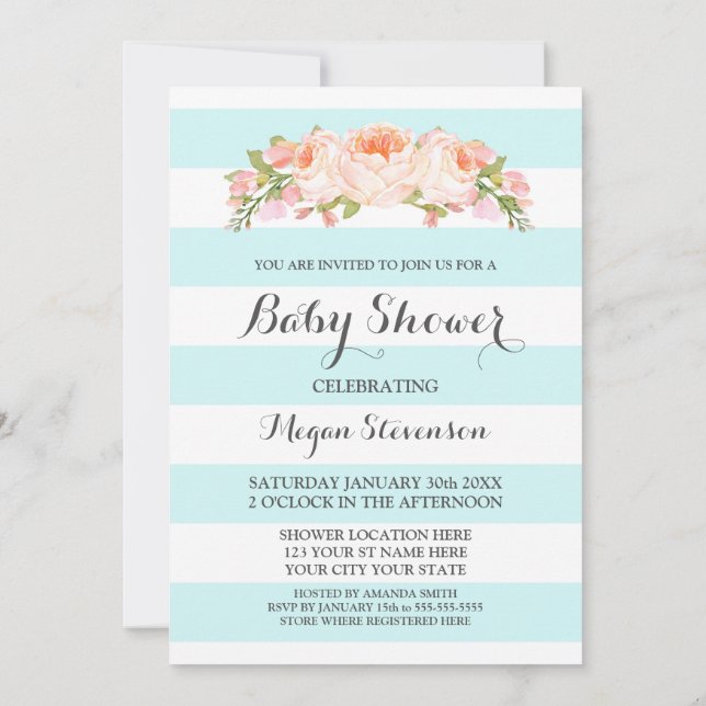 Invitation Bleu clair Rayures Aquarelle Baby shower Floral (Dos)