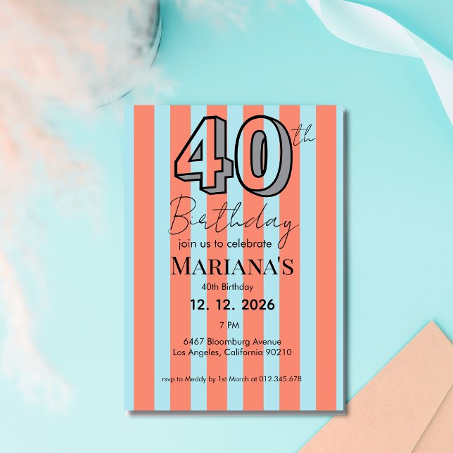 Invitation Bleu Clair & Rayures Corail Moderne 40e Anniversai (Créateur téléchargé)