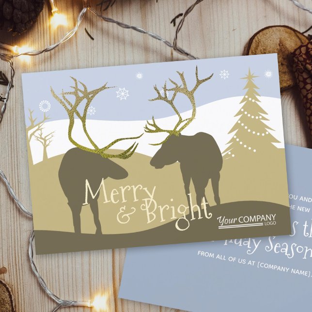 Invitation Bleu clair, Rennes Beige Antlers Entreprise Logo (rustic light blue beige gold reindeer forest company logo employee holiday Christmas greeting cards)
