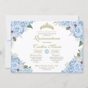 Invitation Bleu clair Rose Floral Cendrillon Quinceanera