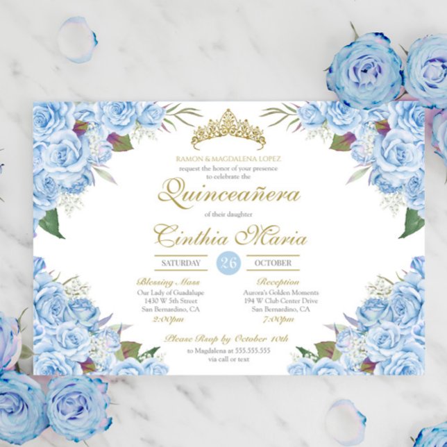 Invitation Bleu clair Rose Floral Cendrillon Quinceanera (Créateur téléchargé)