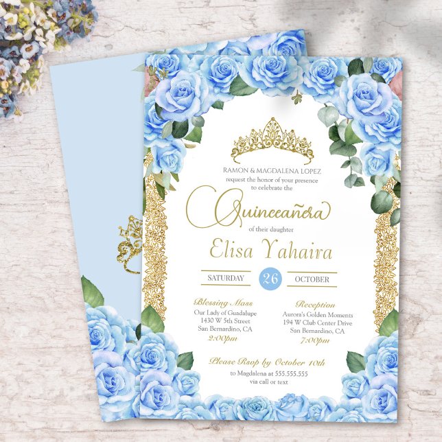 Invitation Bleu clair Rose Floral Or élégant Quinceanera (Créateur téléchargé)