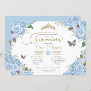 Invitation Bleu clair Rose Floral Tiara Butterfly Quinceanera