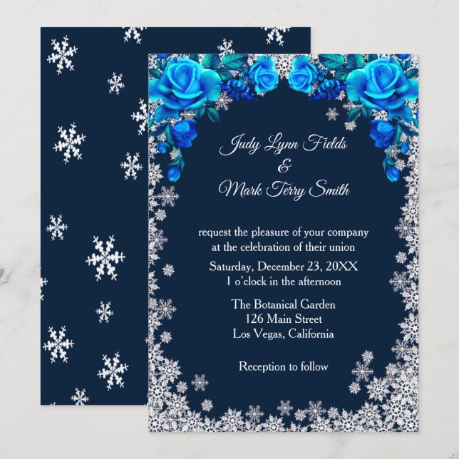 Invitation Bleu clair Roses Flocon de neige Noël (Devant / Derrière)