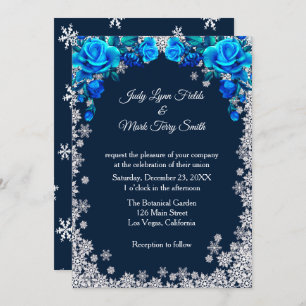 Invitation Bleu clair Roses Flocon de neige Noël
