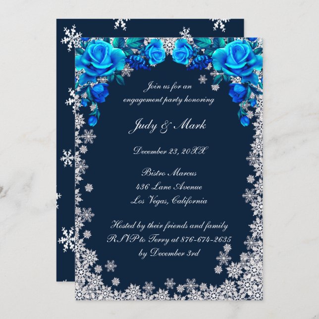 Invitation Bleu clair Roses Snowflake Engagement (Devant / Derrière)