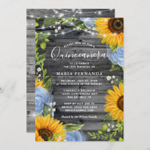 Invitation Bleu clair rustique Rose Tournesol Quinceanera
