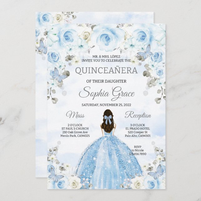 Invitation Bleu clair Silver Princesse Quinceanera Anniversai (Devant / Derrière)