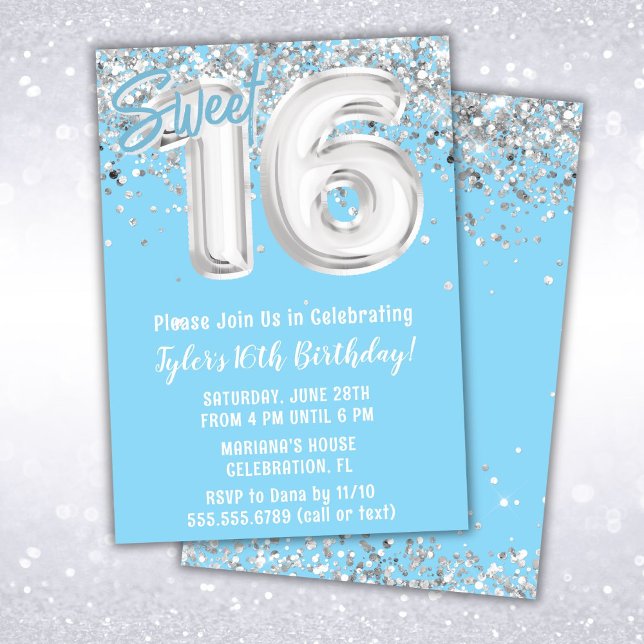 Invitation Bleu clair Silver Sweet 16e fête d'anniversaire (Créateur téléchargé)