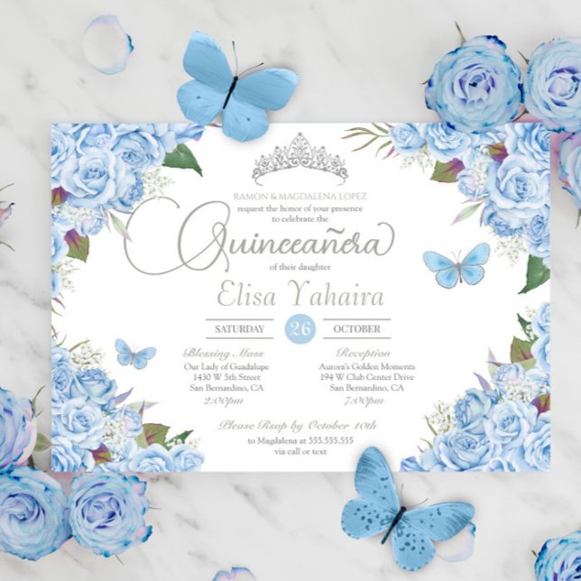 Invitation Bleu clair Silver Tiara Butterfly Quinceanera (Créateur téléchargé)