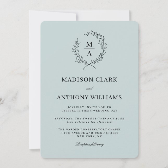 Invitation Bleu clair Simple Élégant Mariage Monogram (Devant)