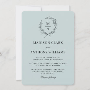 Invitation Bleu clair Simple Élégant Mariage Monogram