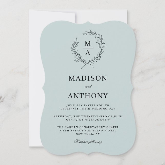 Invitation Bleu clair Simple Élégant Mariage Monogram (Devant)