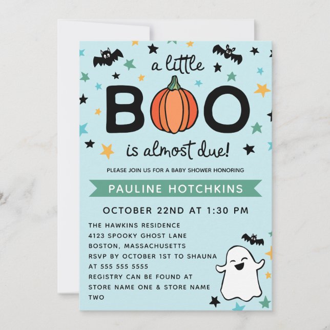 Invitation Bleu clair Un petit Baby shower d'Halloween Boo (Devant)