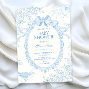 Invitation Bleu Classique bébé floral botanique noeud papillo