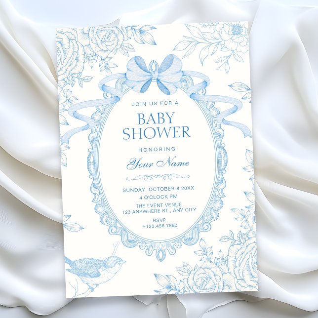 Invitation Bleu Classique bébé floral botanique noeud papillo (Créateur téléchargé)