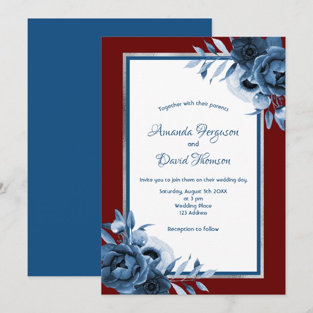 Invitation Bleu classique bordeaux floraux argent mariage (Devant / Derrière)