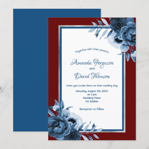 Invitation Bleu classique bordeaux floraux argent mariage