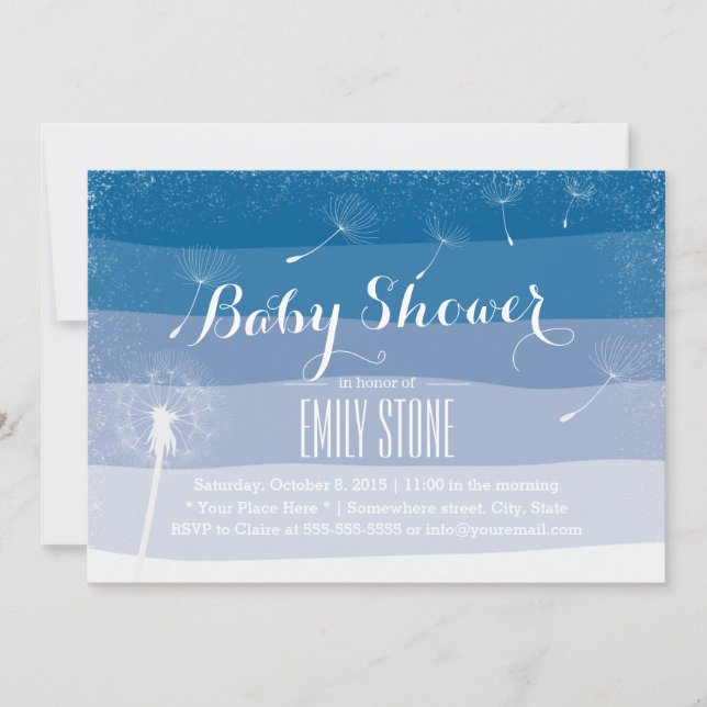 Invitation Bleu Classique Dandelion Baby shower soufflant (Devant)