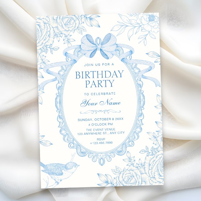 Invitation Bleu Classique floral bow botanique anniversaire (Créateur téléchargé)