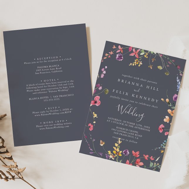 Invitation Bleu classique Floral Mariage avant et arrière (Créateur téléchargé)