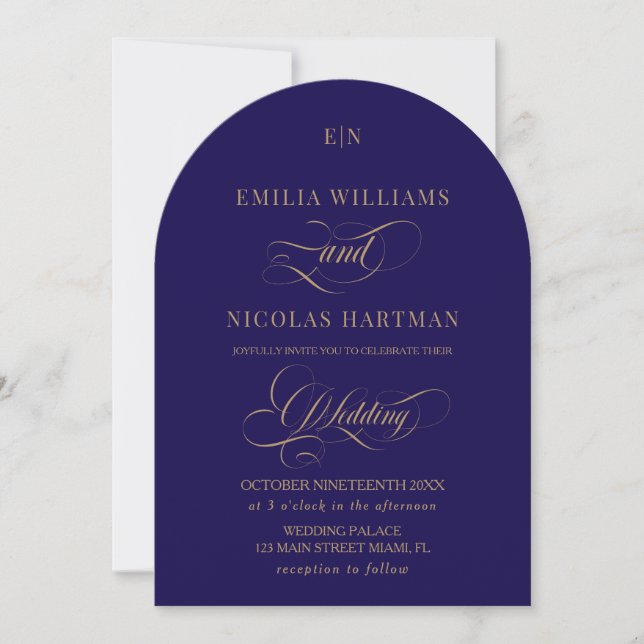 Invitation Bleu cobalt et monogramme doré Élégant mariage (Devant)