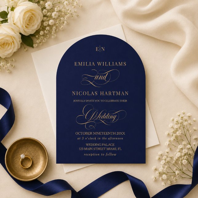 Invitation Bleu cobalt et monogramme doré Élégant mariage (Créateur téléchargé)
