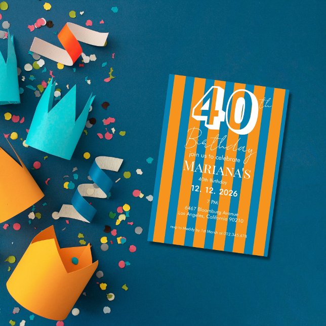 Invitation Bleu Cobalt & Rayures Orange Moderne 40e Anniversa (Créateur téléchargé)